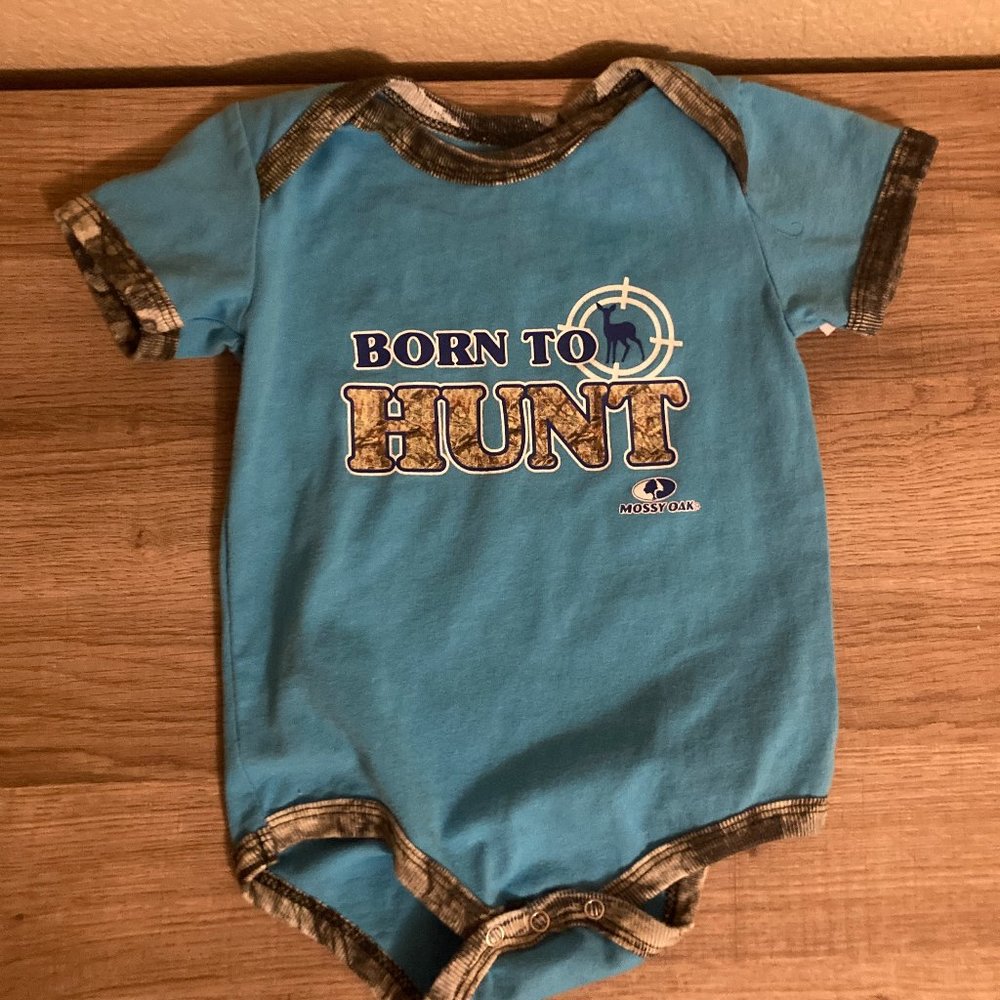Mossy Oak Blue Camo Trim Bodysuit 12 Months Born To Hunt Graphic Short Sleeve